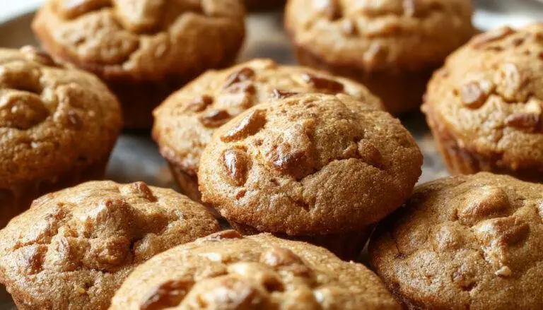 A close-up of golden-brown bakery-style pumpkin muffins topped with a delicate crumb and a swirl of cinnamon glaze, arranged on a rustic wooden platter with a few sprinkled pistachios and cinnamon sticks around for decoration.