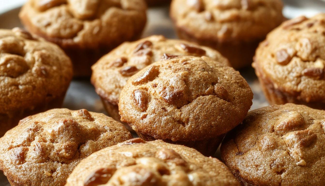 A close-up of golden-brown bakery-style pumpkin muffins topped with a delicate crumb and a swirl of cinnamon glaze, arranged on a rustic wooden platter with a few sprinkled pistachios and cinnamon sticks around for decoration.