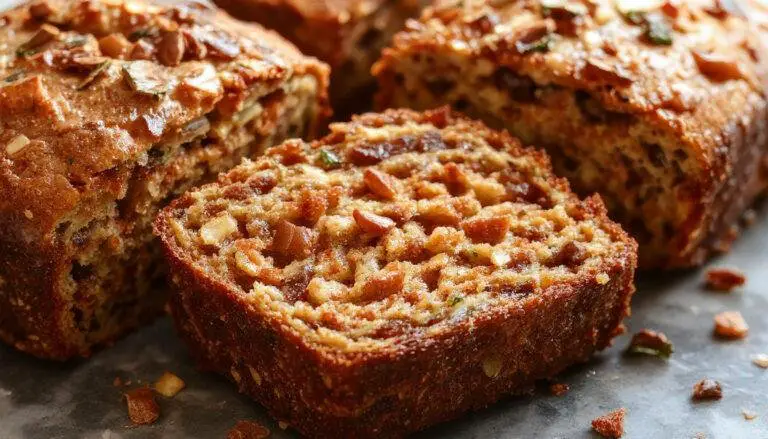 A golden-brown slice of moist zucchini bread resting on a rustic wooden surface, with a crumbly texture visible and flecks of shredded zucchini throughout, garnished with a sprig of fresh mint.