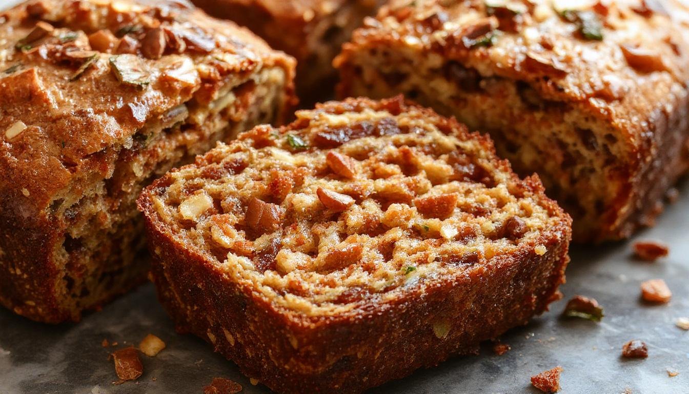 A golden-brown slice of moist zucchini bread resting on a rustic wooden surface, with a crumbly texture visible and flecks of shredded zucchini throughout, garnished with a sprig of fresh mint.