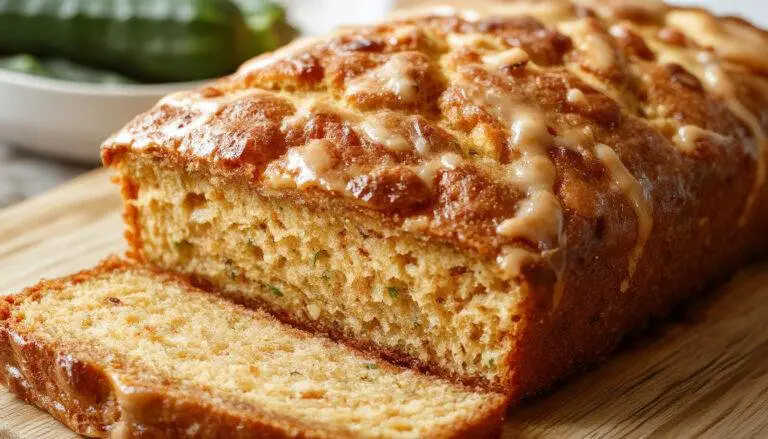 A golden-brown zucchini bread loaf with a moist texture, topped with a light glaze and sliced to reveal a tender crumb dotted with green zucchini pieces. The bread sits on a rustic wooden surface with a few shredded zucchini and a teaspoon of cinnamon nearby, highlighting its fresh and inviting appearance.