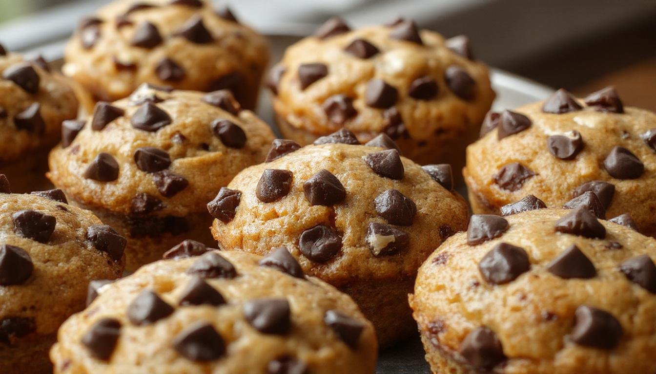 A close-up of golden-brown pumpkin muffins with chocolate chips scattered on top, arranged on a rustic wooden tray. The muffins have a moist, fluffy texture with slightly cracked tops and melty chocolate chips visible. A few muffins are stacked, showcasing the soft crumb inside, and there is a hint of cinnamon and pumpkin in the background for added warmth.