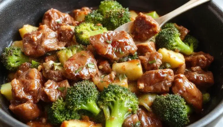 A vibrant plate of Chinese beef and broccoli featuring tender, thinly sliced beef coated in a glossy, savory sauce, paired with bright green broccoli florets, all arranged on a white rectangular dish with a sprinkle of sesame seeds and chopped scallions. The dish is garnished with a few red chili slices to add a pop of color, placed on a rustic wooden table.