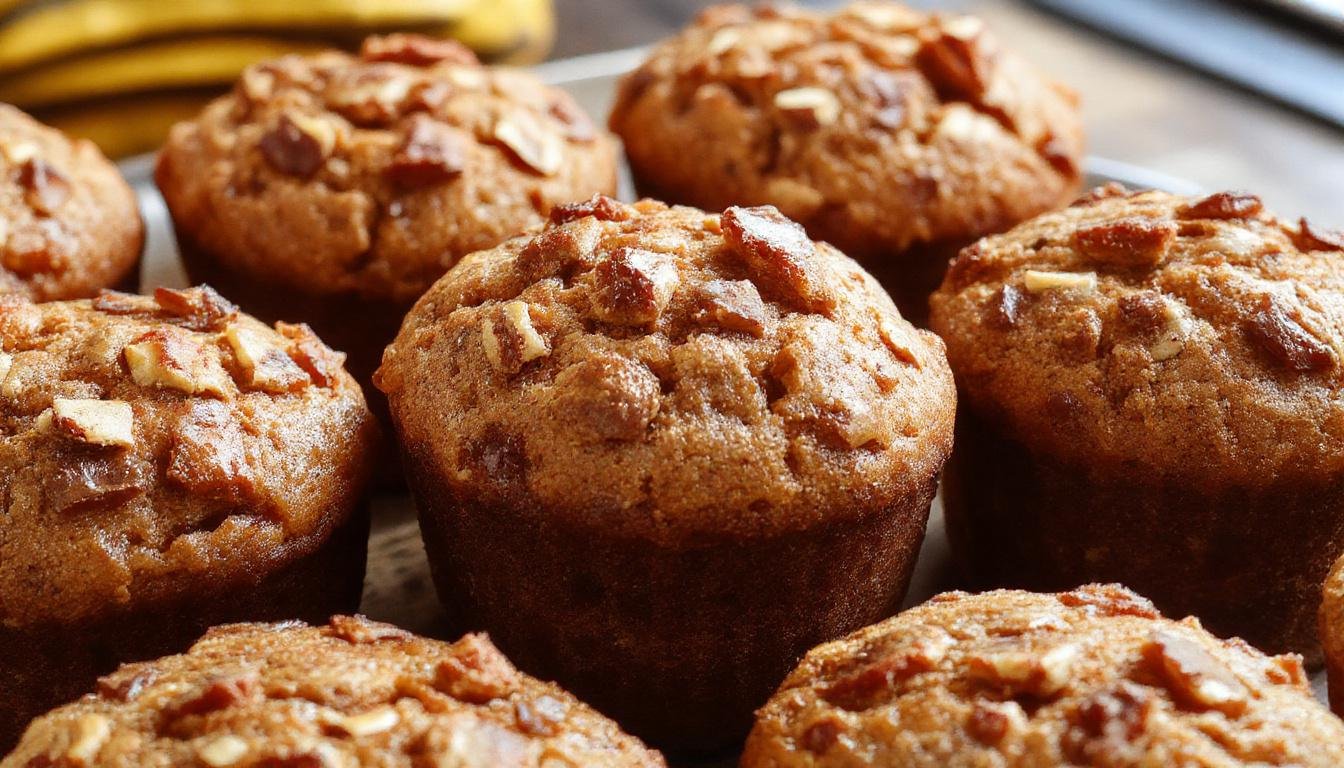 A close-up of two golden-brown pumpkin banana muffins on a rustic wooden plate, garnished with a sprinkle of cinnamon. The muffins reveal a moist, fluffy interior with visible chunks of banana and pumpkin puree. The background features fall-themed elements like cinnamon sticks, a small bowl of pumpkin seeds, and a cozy fabric napkin, adding warmth and seasonal charm.
