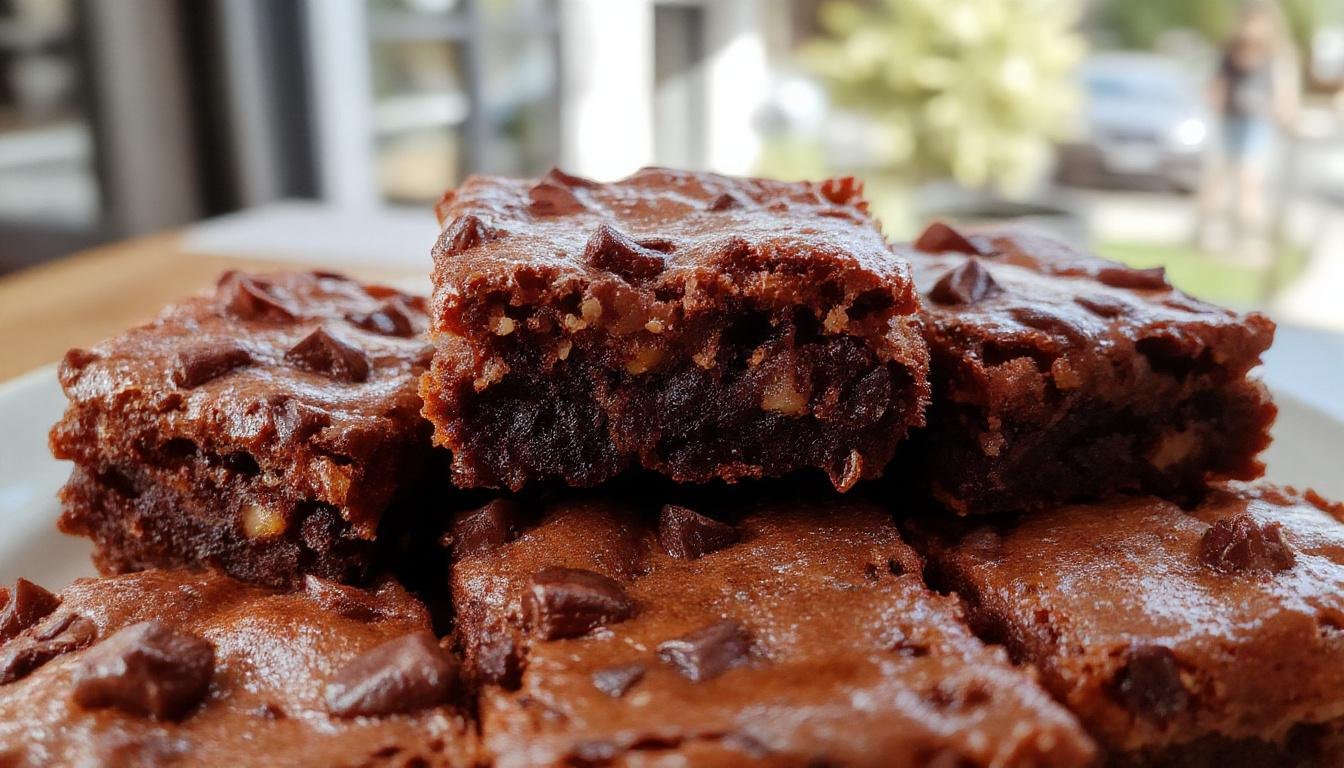 A fudgy pumpkin brownie topped with a swirl of cream cheese frosting and a sprinkle of chopped pecans, displayed on a rustic wooden platter with a fall-themed background.