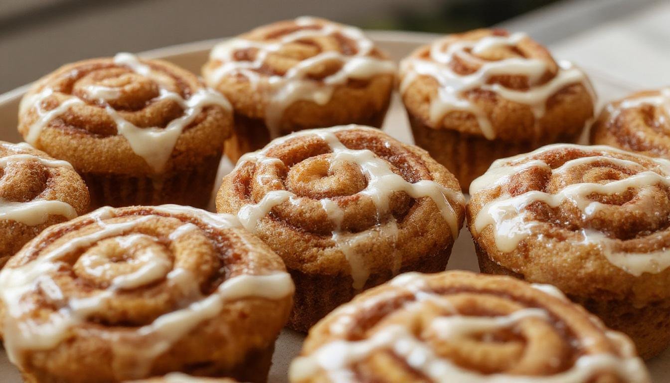A close-up of golden-brown pumpkin cinnamon roll muffins topped with a swirl of cinnamon glaze. The muffins are arranged on a rustic wooden tray with some partially broken open to reveal the moist pumpkin interior and cinnamon swirl inside. Light dusting of cinnamon and a few pumpkin seeds add visual texture.