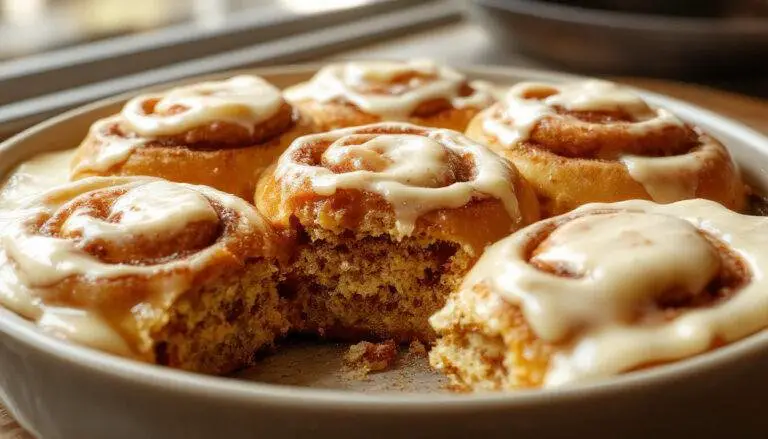 A close-up of freshly baked pumpkin cinnamon rolls topped with smooth, white cream cheese frosting, arranged on a rustic wooden platter. The golden-brown rolls are drizzled with more frosting, revealing swirls of pumpkin and cinnamon inside. The background features a soft autumnal setting with hints of cinnamon sticks and pumpkin decorations, emphasizing warmth and comfort.