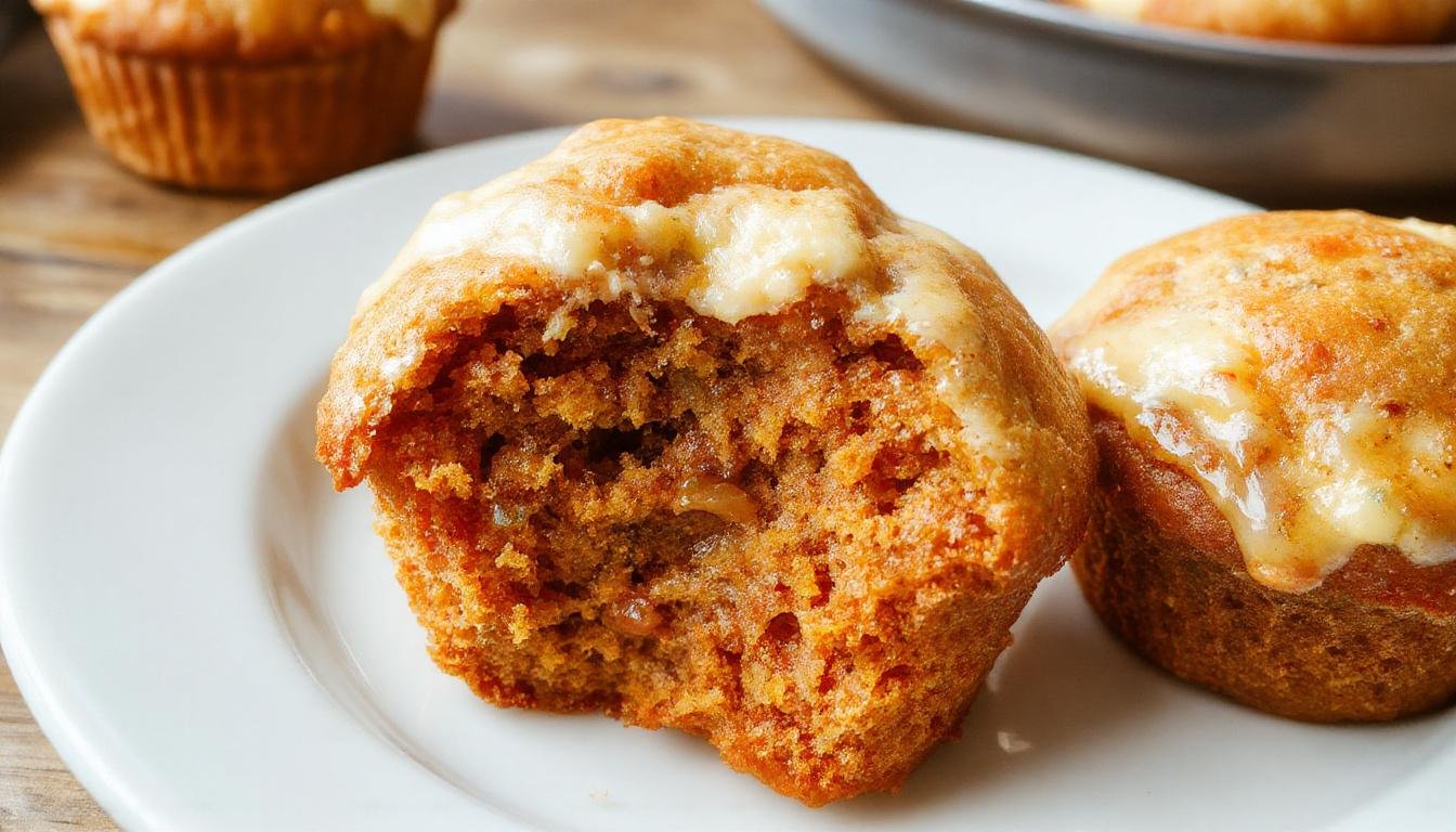 A close-up of golden-brown pumpkin cream cheese muffins arranged on a rustic wooden platter. The muffins are topped with a swirl of cream cheese filling, slightly melted, with a few cinnamon sugar sprinkled on top. The background includes a cozy fall setting with mini pumpkins, cinnamon sticks, and a tartan cloth, enhancing the warm, inviting appearance.