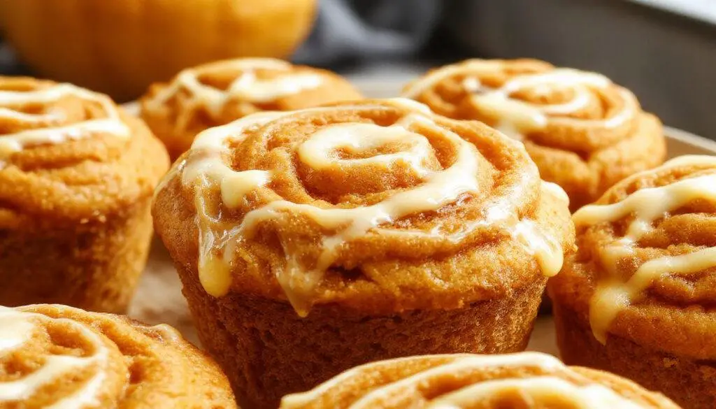 Close-up of a freshly baked pumpkin cream cheese swirl muffin sliced open, revealing a vibrant orange pumpkin batter with creamy white swirls inside. The muffin's top is golden brown with a slightly cracked surface, and a hint of the swirl pattern is visible. The muffin rests on a rustic wooden surface, with a few crumbs scattered around, highlighting its moist, tender crumb and inviting layers.