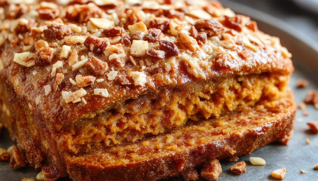 A golden-brown pumpkin loaf topped with a crumbly streusel streusel topping, sliced to reveal moist orange interior with specks of spice, served on a rustic wooden board with a fork and a cup of coffee in the background.