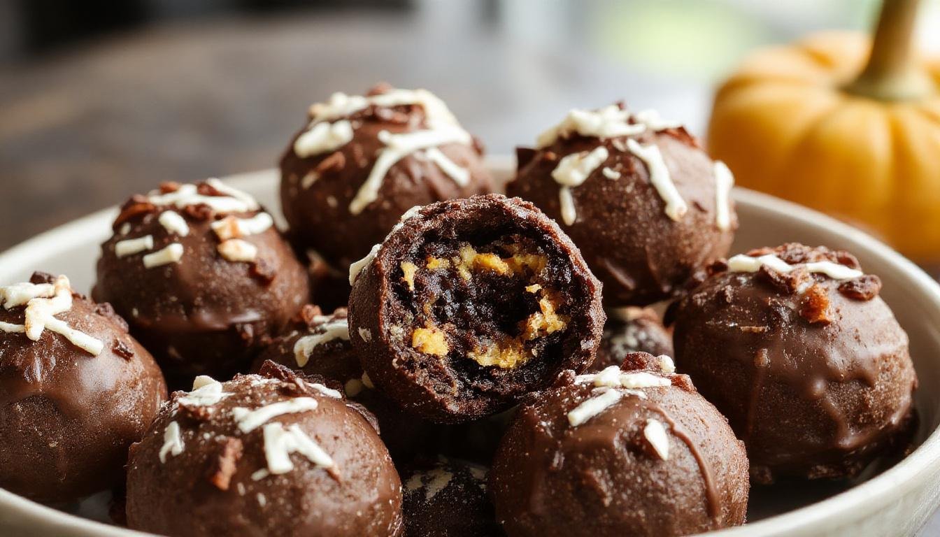 Plates of creamy orange pumpkin Oreo balls coated in a smooth, glossy layer, garnished with crushed Oreos and a sprinkle of cinnamon, arranged on a rustic wooden tray with autumn leaves in the background.