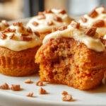 A batch of golden-brown pumpkin pie cupcakes topped with smooth, whipped cream and a sprinkle of cinnamon, arranged on a rustic plate with a fall-themed background.