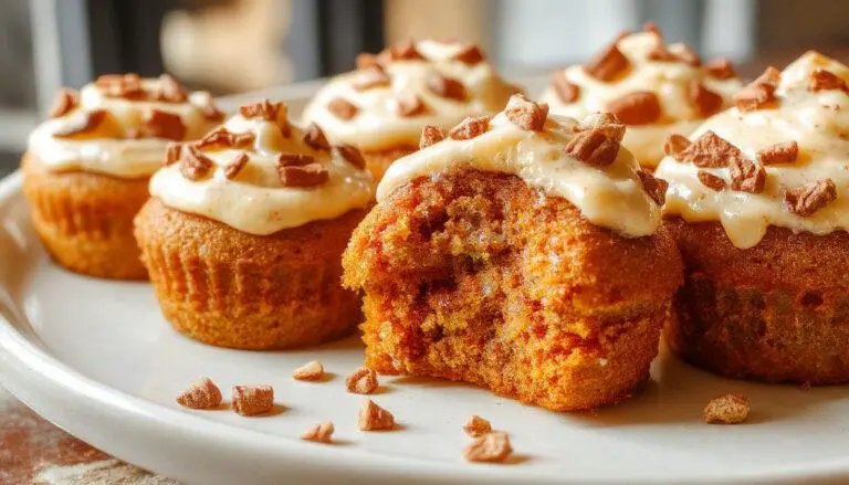A batch of golden-brown pumpkin pie cupcakes topped with smooth, whipped cream and a sprinkle of cinnamon, arranged on a rustic plate with a fall-themed background.