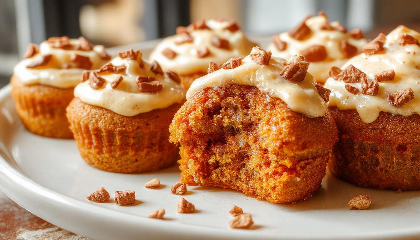 A batch of golden-brown pumpkin pie cupcakes topped with smooth, whipped cream and a sprinkle of cinnamon, arranged on a rustic plate with a fall-themed background.