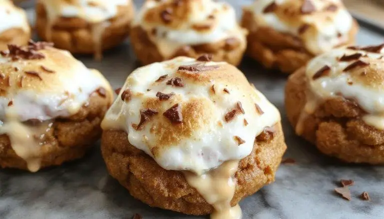 A close-up of Pumpkin S'mores Cookies showcasing golden-brown edges topped with melted marshmallow and a drizzle of chocolate, with a pumpkin spice sprinkle on top. The cookies are layered with marshmallow and chocolate, with some gooey marshmallow slightly oozing out, all presented on a rustic wooden platter.