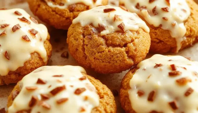 A close-up of a plate of festive pumpkin sugar cookies topped with smooth, white cream cheese frosting. The cookies have a golden-brown hue with a textured surface, garnished with tiny specks of cinnamon and a drizzle of glaze. The background features a rustic wooden table with autumn leaves, enhancing the seasonal feel.