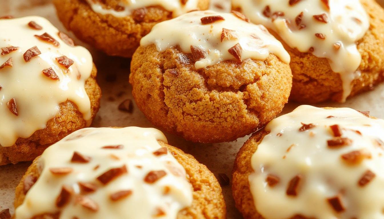 A close-up of a plate of festive pumpkin sugar cookies topped with smooth, white cream cheese frosting. The cookies have a golden-brown hue with a textured surface, garnished with tiny specks of cinnamon and a drizzle of glaze. The background features a rustic wooden table with autumn leaves, enhancing the seasonal feel.