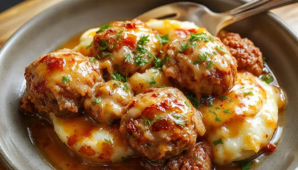 A close-up of golden-brown Salisbury meatballs arranged on a white plate, topped with a rich gravy, served alongside creamy mashed potatoes with a dollop of butter and chopped herbs. The dish is garnished with fresh parsley, with steam rising gently, highlighting its hearty and comforting appeal.