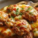 A close-up of golden-brown Salisbury meatballs arranged on a white plate, topped with a rich gravy, served alongside creamy mashed potatoes with a dollop of butter and chopped herbs. The dish is garnished with fresh parsley, with steam rising gently, highlighting its hearty and comforting appeal.