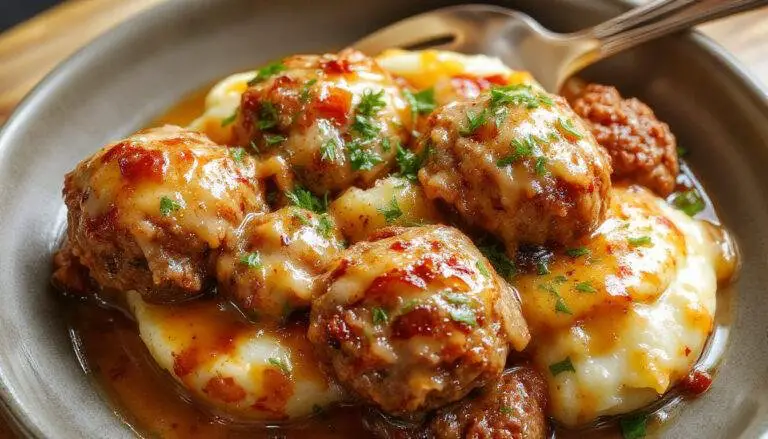 A close-up of golden-brown Salisbury meatballs arranged on a white plate, topped with a rich gravy, served alongside creamy mashed potatoes with a dollop of butter and chopped herbs. The dish is garnished with fresh parsley, with steam rising gently, highlighting its hearty and comforting appeal.