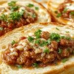 A close-up of a sliced Sloppy Joe garlic bread loaf with gooey meat and melted cheese spilling from the crust, topped with chopped parsley, served on a rustic wooden board with a side of fresh salad.