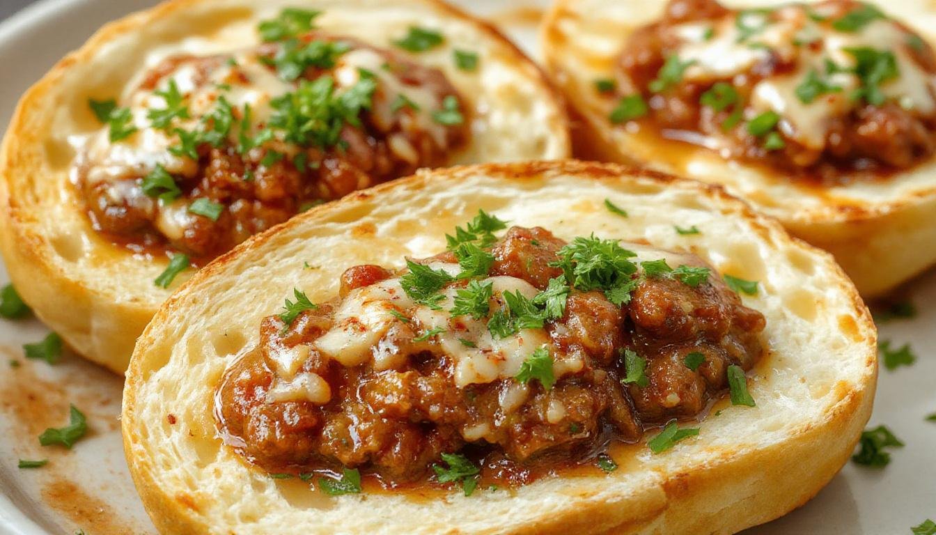 A close-up of a sliced Sloppy Joe garlic bread loaf with gooey meat and melted cheese spilling from the crust, topped with chopped parsley, served on a rustic wooden board with a side of fresh salad.