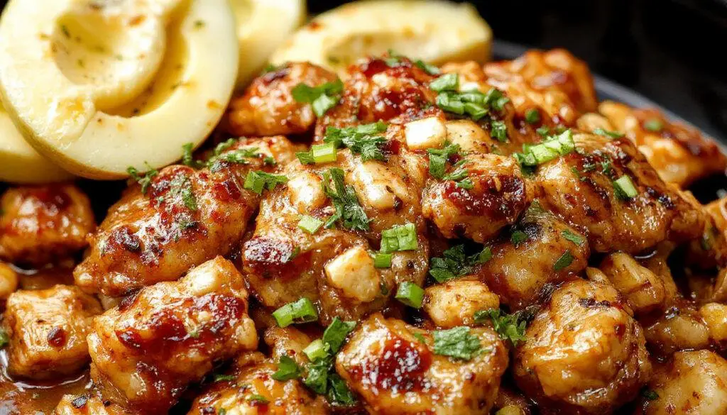 A hearty bowl of Slow-Cooker Peanut Chicken featuring tender shredded chicken coated in a rich, glossy peanut sauce. The dish is garnished with chopped peanuts and fresh cilantro, served alongside fluffy white rice on a rustic wooden table.