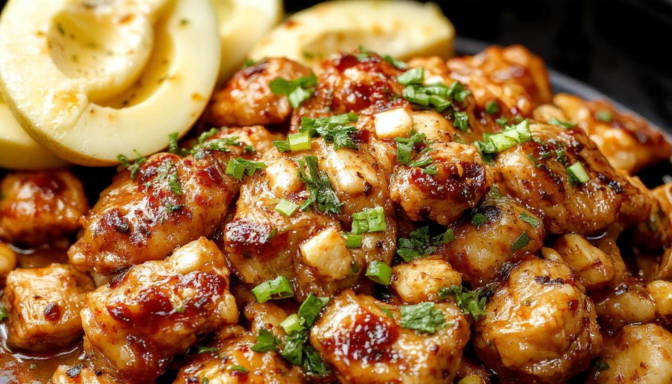 A hearty bowl of Slow-Cooker Peanut Chicken featuring tender shredded chicken coated in a rich, glossy peanut sauce. The dish is garnished with chopped peanuts and fresh cilantro, served alongside fluffy white rice on a rustic wooden table.