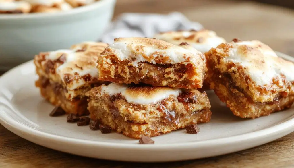 A close-up of golden-brown S'mores bars cut into squares, topped with melted marshmallows and drizzled chocolate, displayed on a rustic wooden surface with scattered graham crackers and marshmallows in the background.