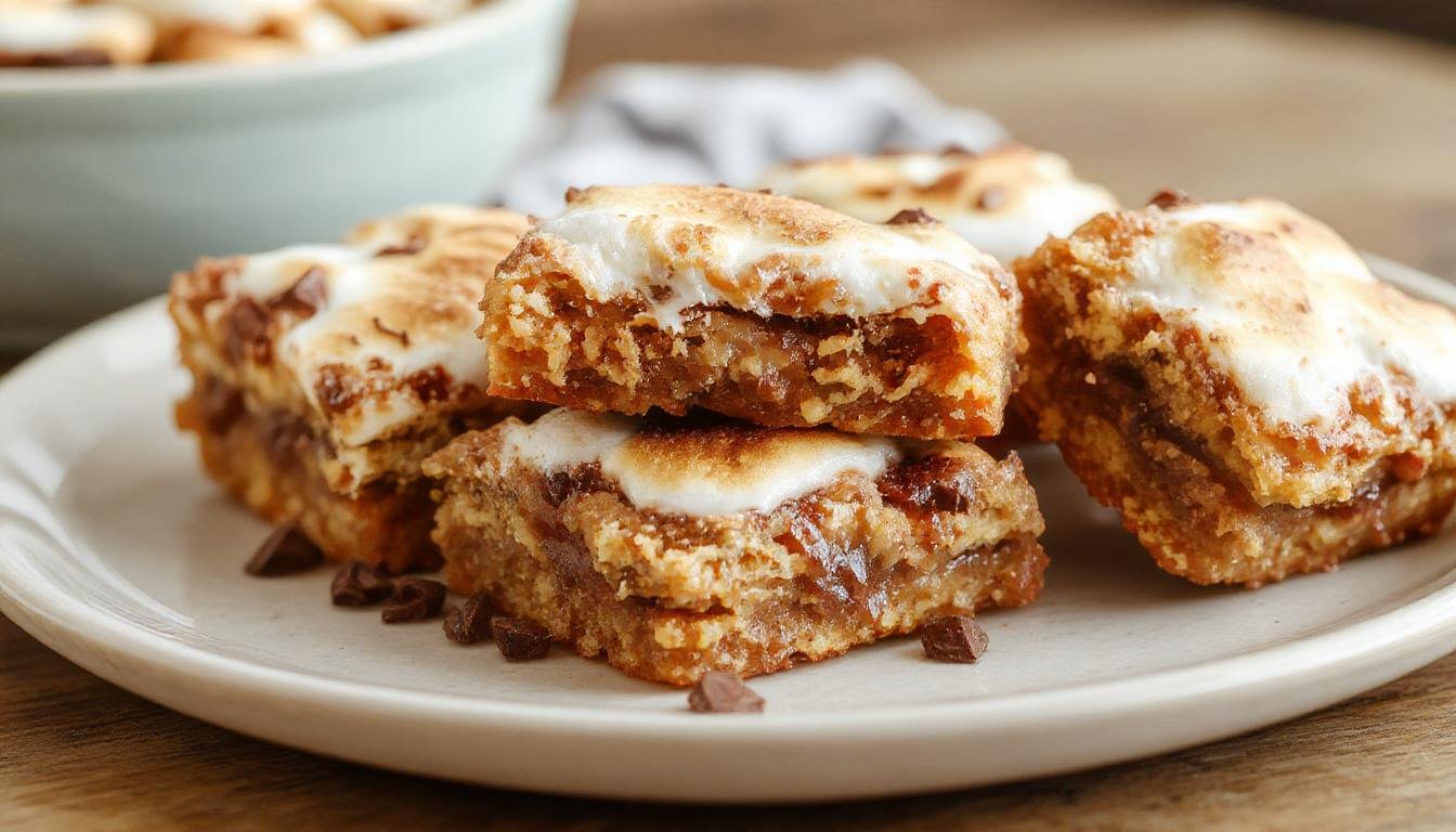 A close-up of golden-brown S'mores bars cut into squares, topped with melted marshmallows and drizzled chocolate, displayed on a rustic wooden surface with scattered graham crackers and marshmallows in the background.