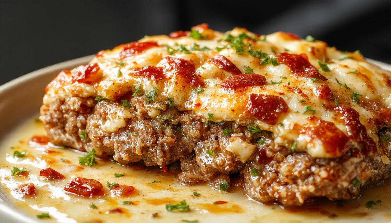 A golden-brown meatloaf with a crispy top crust, sliced to reveal a moist interior with bits of stuffing visible. Served on a rustic plate, garnished with fresh herbs, with a side of vegetables in the background.