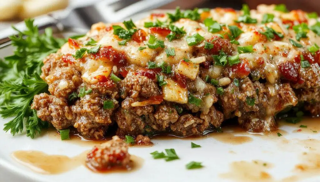 A golden-brown meatloaf glazed with tangy sauce sits on a white plate, topped with crispy stuffing pieces. The dish is garnished with fresh herbs and surrounded by hearty vegetables, presenting a rustic and inviting appearance.