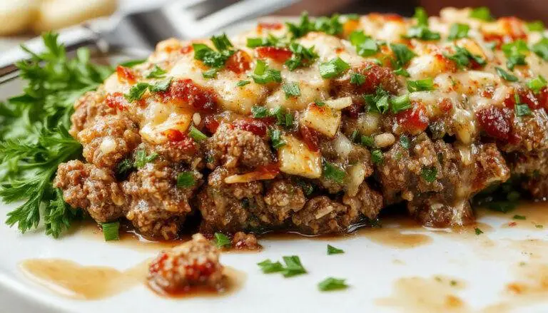 A golden-brown meatloaf glazed with tangy sauce sits on a white plate, topped with crispy stuffing pieces. The dish is garnished with fresh herbs and surrounded by hearty vegetables, presenting a rustic and inviting appearance.