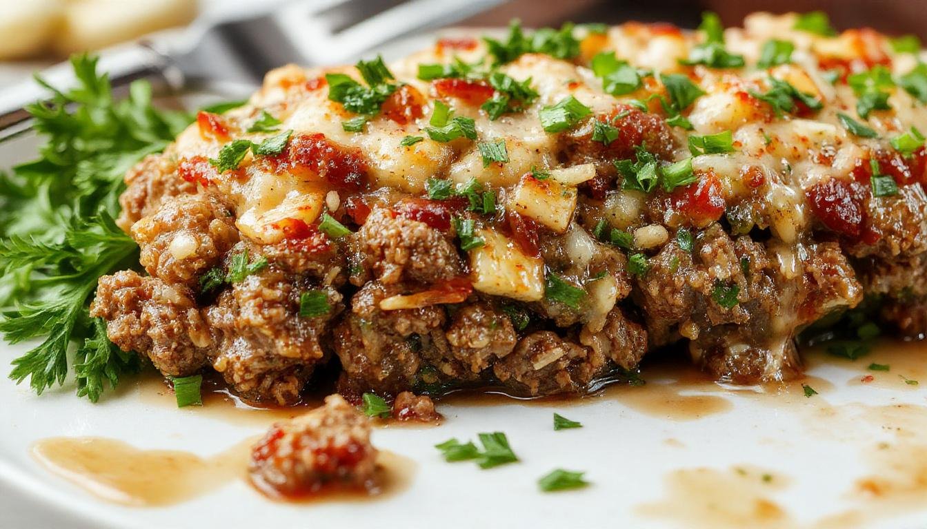 A golden-brown meatloaf glazed with tangy sauce sits on a white plate, topped with crispy stuffing pieces. The dish is garnished with fresh herbs and surrounded by hearty vegetables, presenting a rustic and inviting appearance.