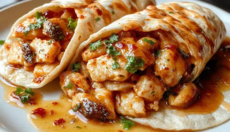 A vibrant plate featuring Thai Peanut Chicken Wraps with golden-brown grilled chicken slices, colorful shredded vegetables, and creamy peanut sauce drizzled on top, all wrapped in soft tortilla with fresh herbs visible. The presentation highlights a partially unwrapped wrap revealing the hearty filling inside, with a side of crispy chips and a small bowl of extra peanut sauce.
