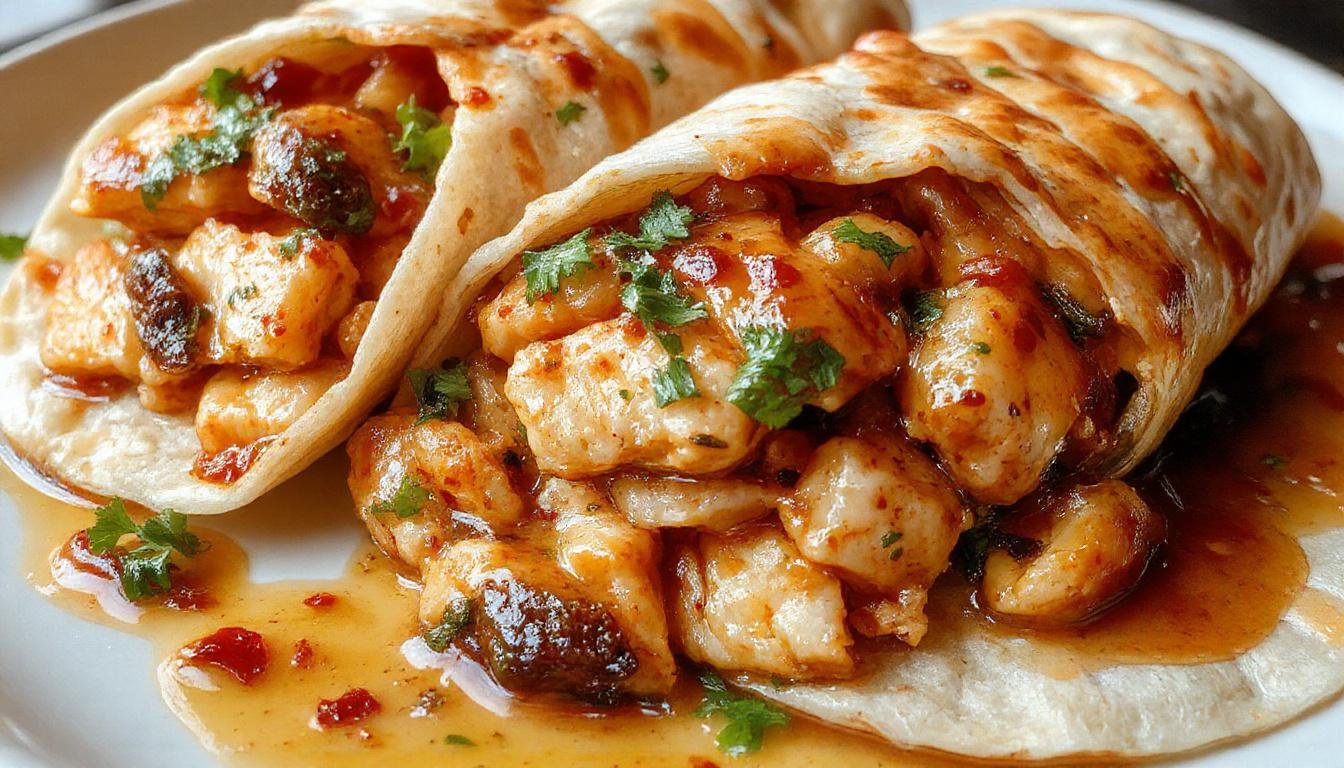A vibrant plate featuring Thai Peanut Chicken Wraps with golden-brown grilled chicken slices, colorful shredded vegetables, and creamy peanut sauce drizzled on top, all wrapped in soft tortilla with fresh herbs visible. The presentation highlights a partially unwrapped wrap revealing the hearty filling inside, with a side of crispy chips and a small bowl of extra peanut sauce.