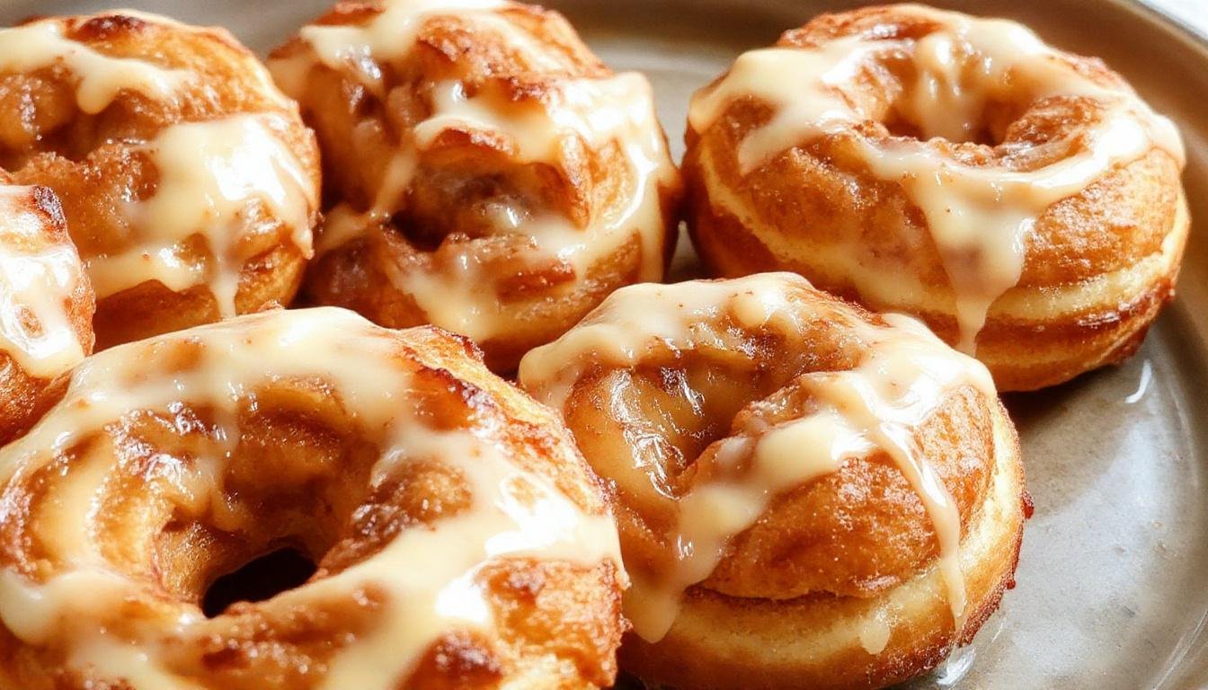 Golden-brown puff pastry doughnuts filled with sliced apple pieces, topped with a light dusting of powdered sugar and arranged on a white plate with a rustic cloth background, capturing their flaky, crispy texture and appealing interior filling.