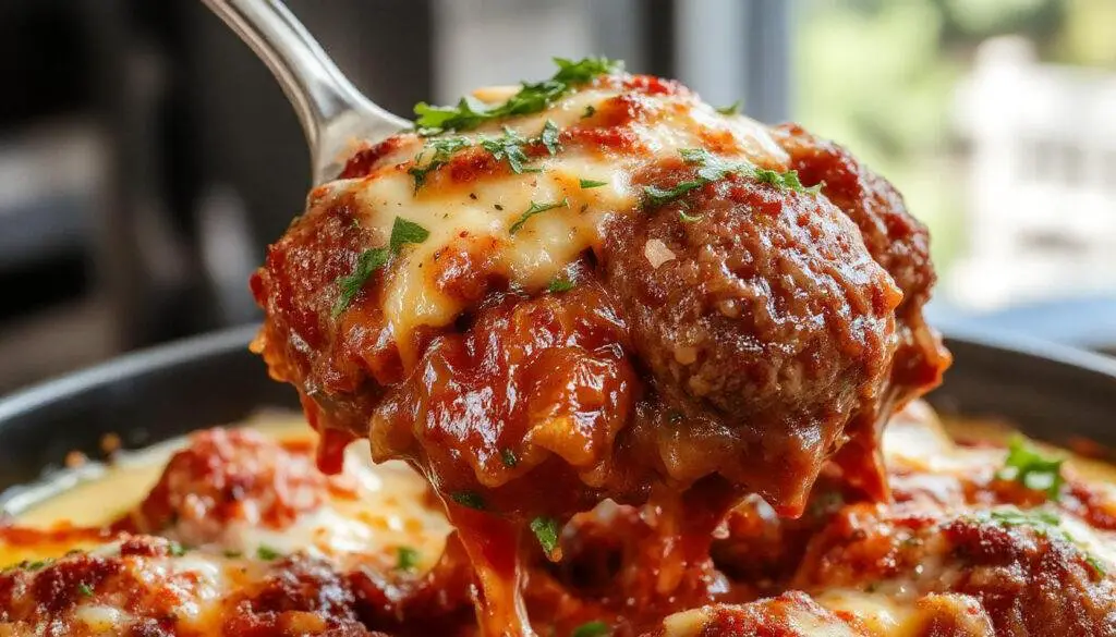 A close-up of a golden-brown meatball casserole in a rustic baking dish, topped with melted cheese and garnished with fresh herbs, surrounded by a warm, inviting kitchen setting.