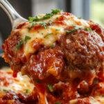 A close-up of a golden-brown meatball casserole in a rustic baking dish, topped with melted cheese and garnished with fresh herbs, surrounded by a warm, inviting kitchen setting.