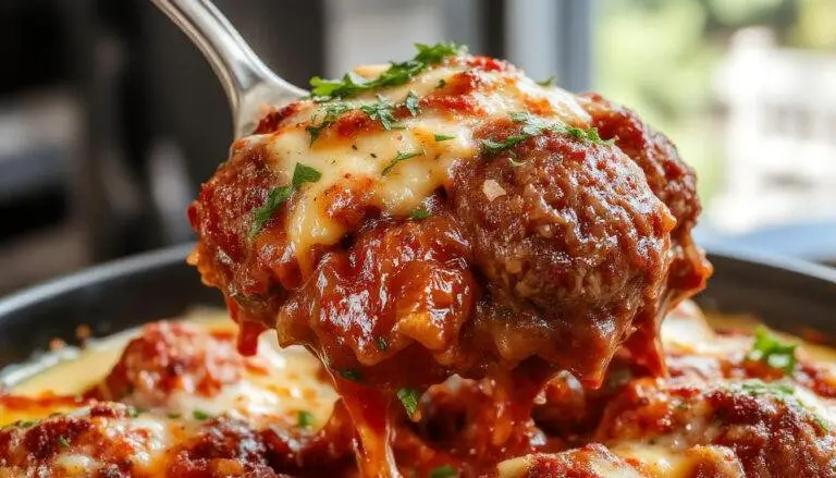 A close-up of a golden-brown meatball casserole in a rustic baking dish, topped with melted cheese and garnished with fresh herbs, surrounded by a warm, inviting kitchen setting.
