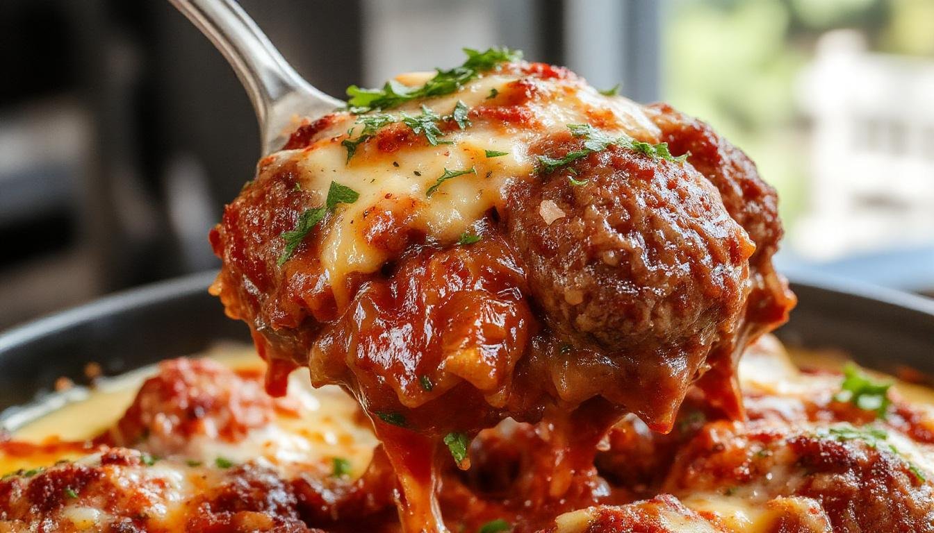 A close-up of a golden-brown meatball casserole in a rustic baking dish, topped with melted cheese and garnished with fresh herbs, surrounded by a warm, inviting kitchen setting.