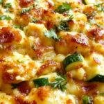 A golden-baked zucchini rice stuffing casserole in a rustic ceramic dish, topped with melted cheese and fresh herbs. The casserole reveals tender zucchini slices and fluffy rice peeking through a crispy crust.
