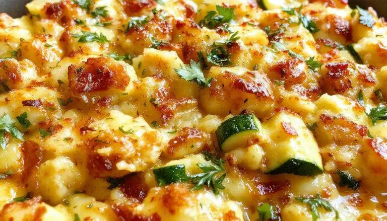 A golden-baked zucchini rice stuffing casserole in a rustic ceramic dish, topped with melted cheese and fresh herbs. The casserole reveals tender zucchini slices and fluffy rice peeking through a crispy crust.