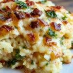 A square casserole dish filled with layered zucchini slices, fluffy rice, and melted cheese on top, garnished with fresh herbs. The dish has a golden-brown crust with visible green zucchini edges and a creamy, inviting interior.