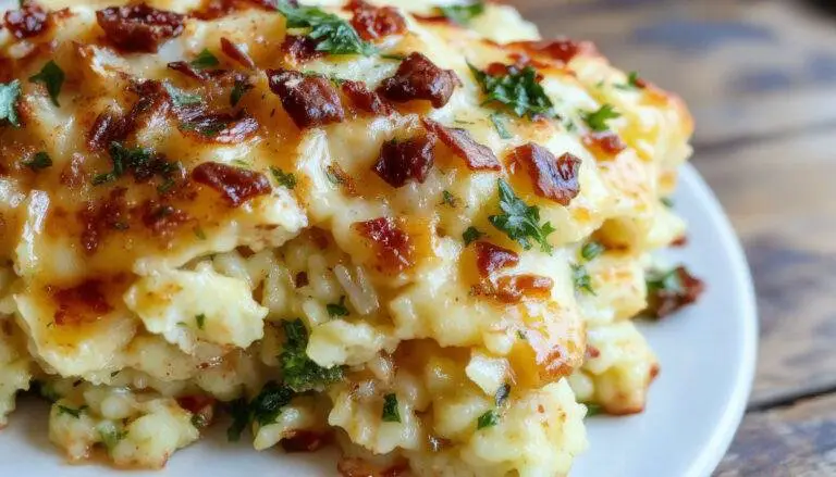 A square casserole dish filled with layered zucchini slices, fluffy rice, and melted cheese on top, garnished with fresh herbs. The dish has a golden-brown crust with visible green zucchini edges and a creamy, inviting interior.