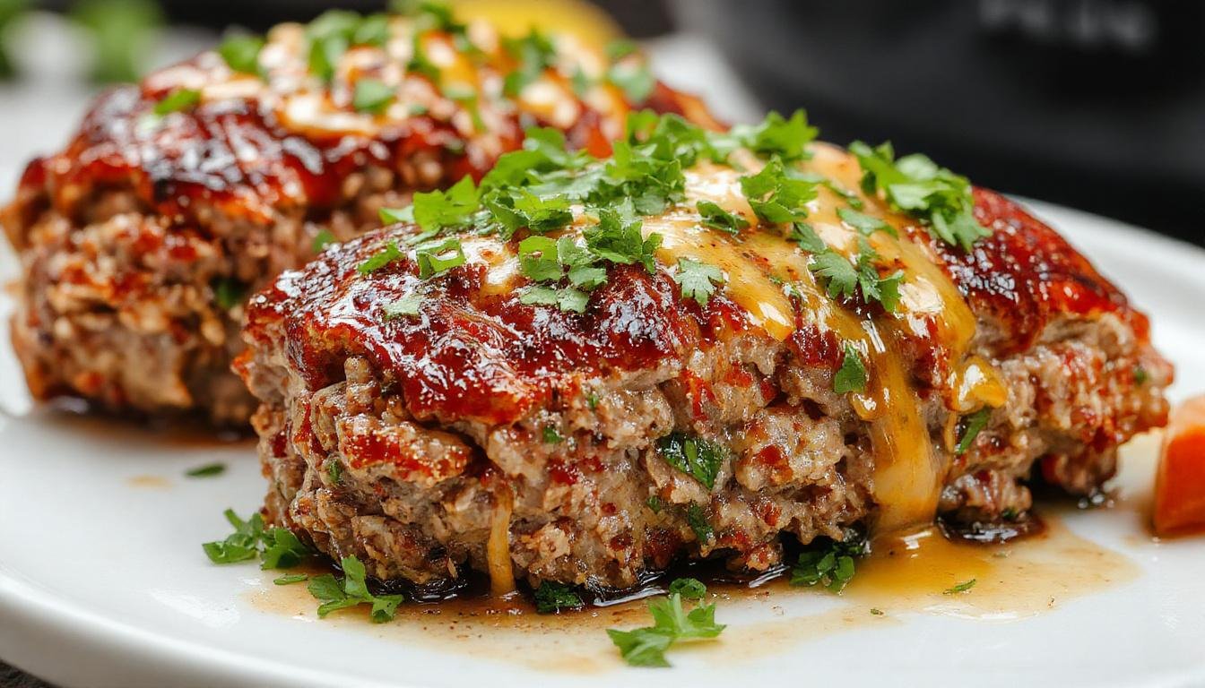 A golden-brown air fryer meatloaf sliced open to reveal a moist, tender interior with a slightly crispy crust on top, served on a rustic plate with fresh herbs and a side of roasted vegetables.