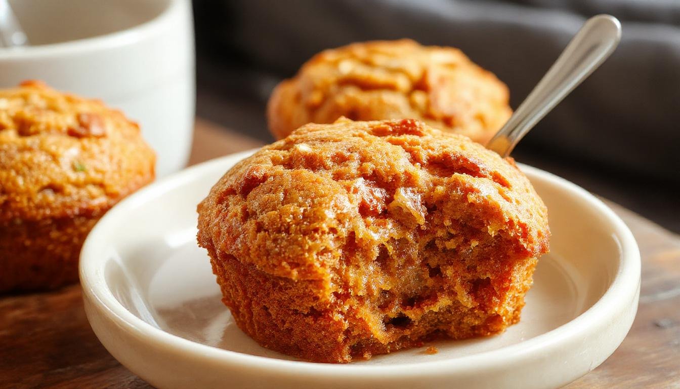Golden brown pumpkin muffins with cracked tops sit neatly in a white ceramic muffin tin, with a rustic wooden table and autumn leaves in the background, highlighting their moist texture and seasonal appeal.