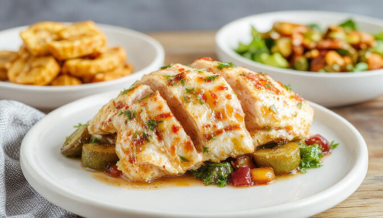 Assiette colorée présentant des morceaux de poulet émincé légèrement dorés, entourés de légumes frais tels que carottes, courgettes et poivrons en julienne, garnie de fines herbes, sur une nappe blanche élégante.