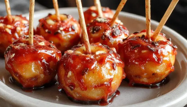 A close-up of glossy, deep red candied apples with a shiny caramel coating, speckled with tiny sugar crystals. The apples are skewered on wooden sticks and arranged on a rustic wooden serving platter, with some apples slightly overlapping each other, creating an inviting and spooky presentation.