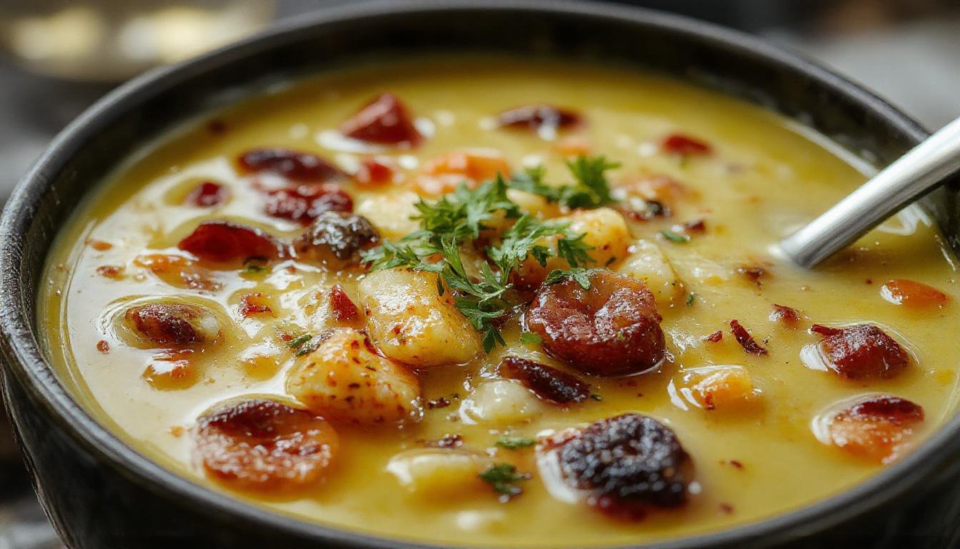 A steaming bowl of Mystical Witch Soup garnished with sprigs of fresh herbs and glowing with vibrant orange and green hues, set on a dark wooden table with spooky-themed decorations in the background. The soup has a thick, textured consistency with floating ingredients like vegetables and herbs visible on the surface, creating an inviting and mystical effect.